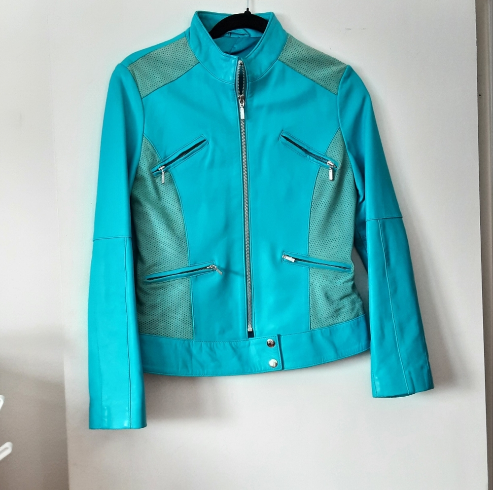 Martine & Bonal Premium Turquoise Leather/Suede Moto Jacket
